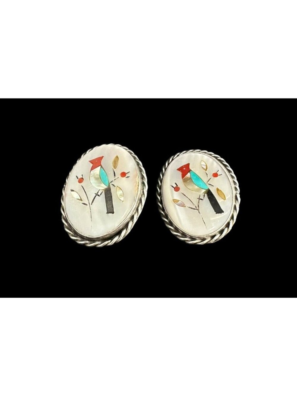 Earrings Zuni Multi Gemstone Bird Perched Mother Of Pearl Oval Clip On Ethnic